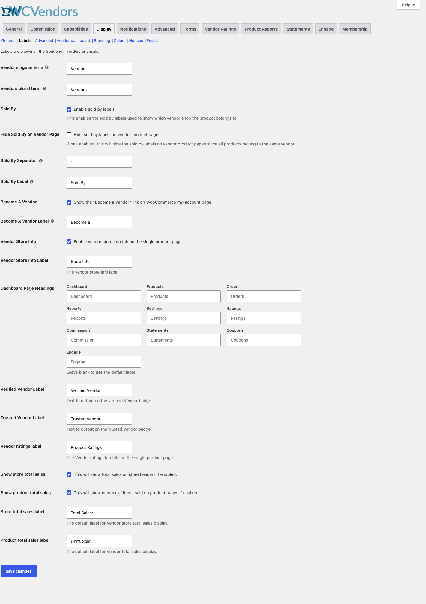 wc-vendors-display-settings-labels-tab - WC Vendors WC Vendors Einstellungen, Tab „Anzeige“, Abschnitt „Bezeichnungen“, der die Anbieterbegriffe und „Verkauft von“-Optionen zeigt