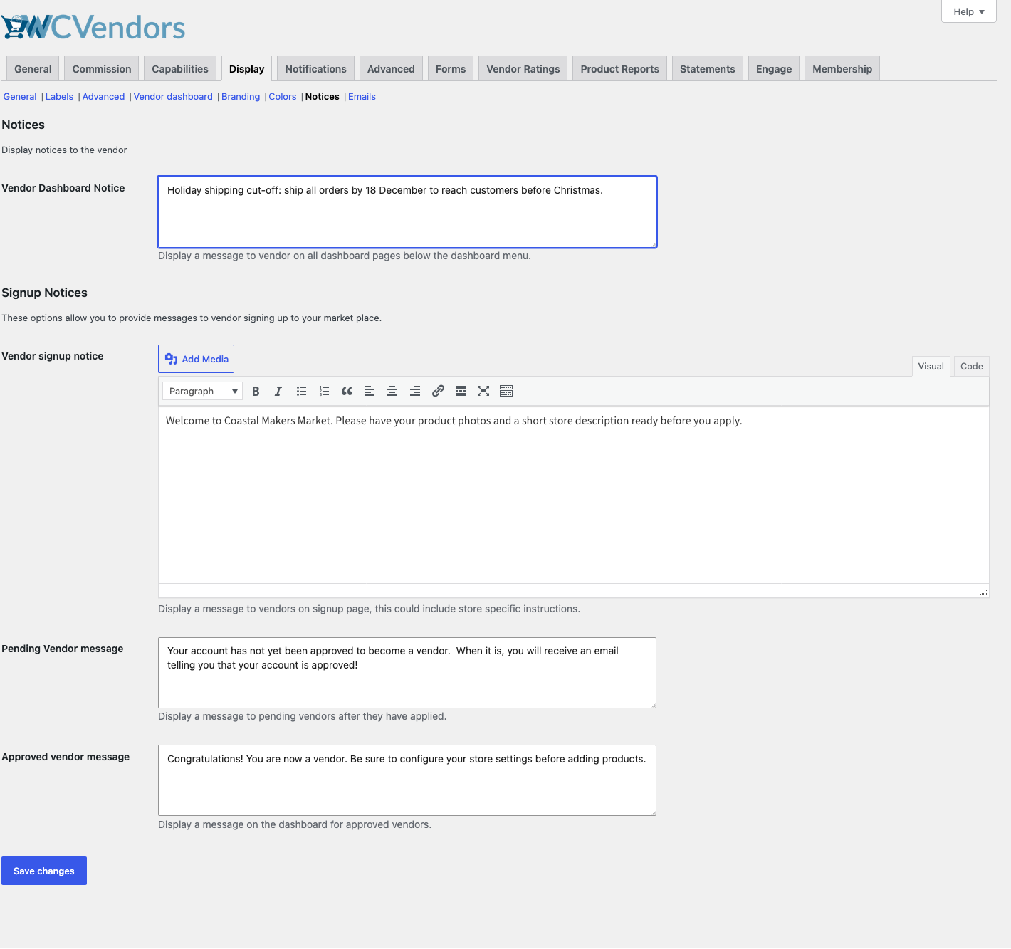 wc-vendors-display-settings-notices-tab - WC Vendors WC Vendors Einstellungen, Tab „Anzeige“, Abschnitt „Hinweise“, der Felder für den Anbieter-Dashboard-Hinweis und den Anmeldehinweis zeigt