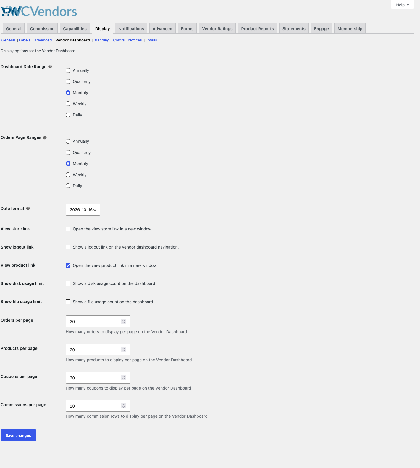 wc-vendors-display-settings-vendor-dashboard-tab - WC Vendors WC Vendors Einstellungen, Tab „Anzeige“, Abschnitt „Anbieter-Dashboard“, der Optionen für den Datumsbereich und die Anzahl pro Seite zeigt