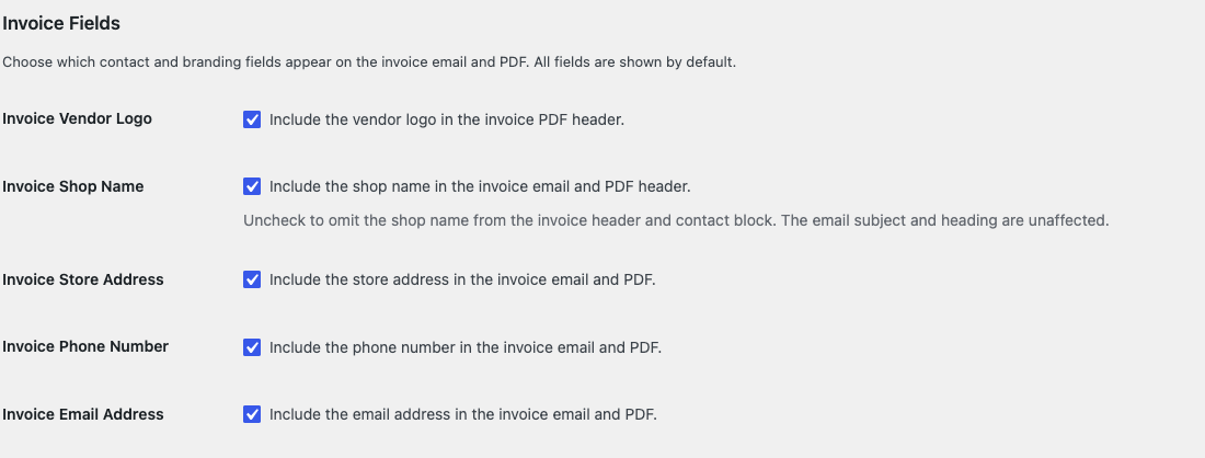 wc-vendors-pro-invoice-fields-settings - WC Vendors WC Vendors Settings, Capabilities tab, Invoice Fields section with the five field checkboxes