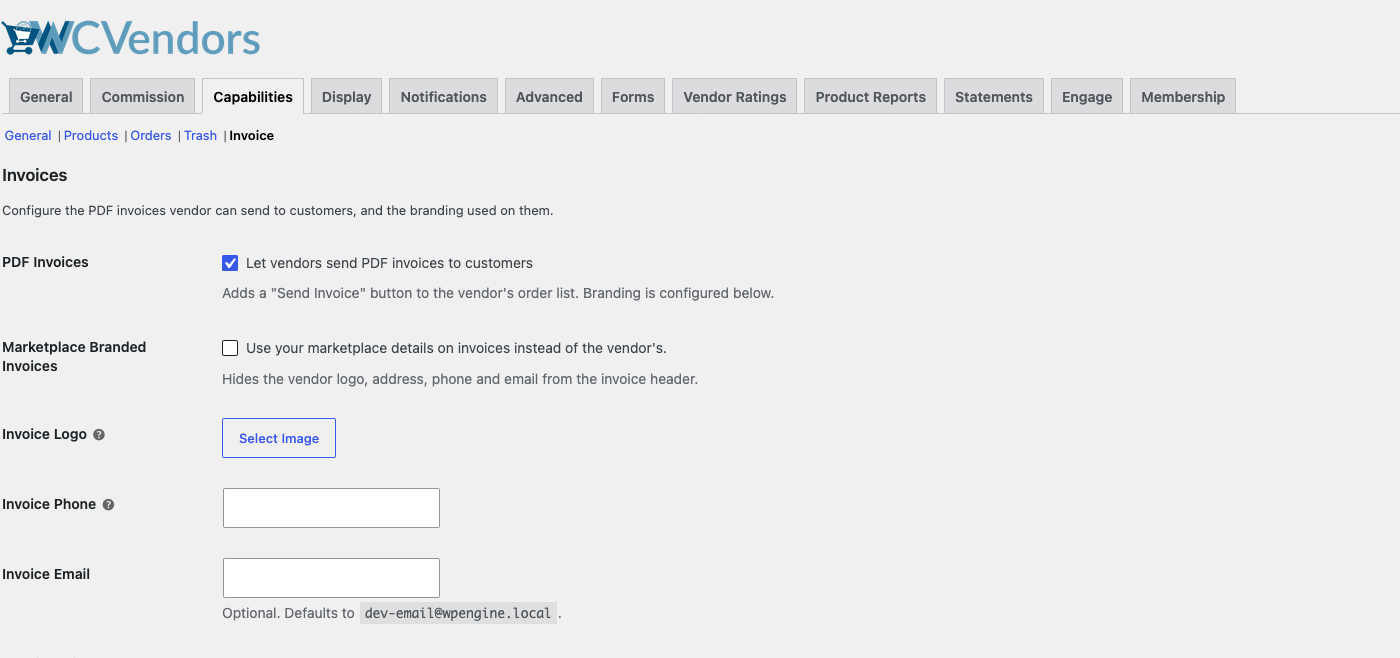 wc-vendors-pro-invoice-settings-pdf-invoices-enabled - WC Vendors WC Vendors Settings, Capabilities tab, Invoice section with the PDF Invoices checkbox checked