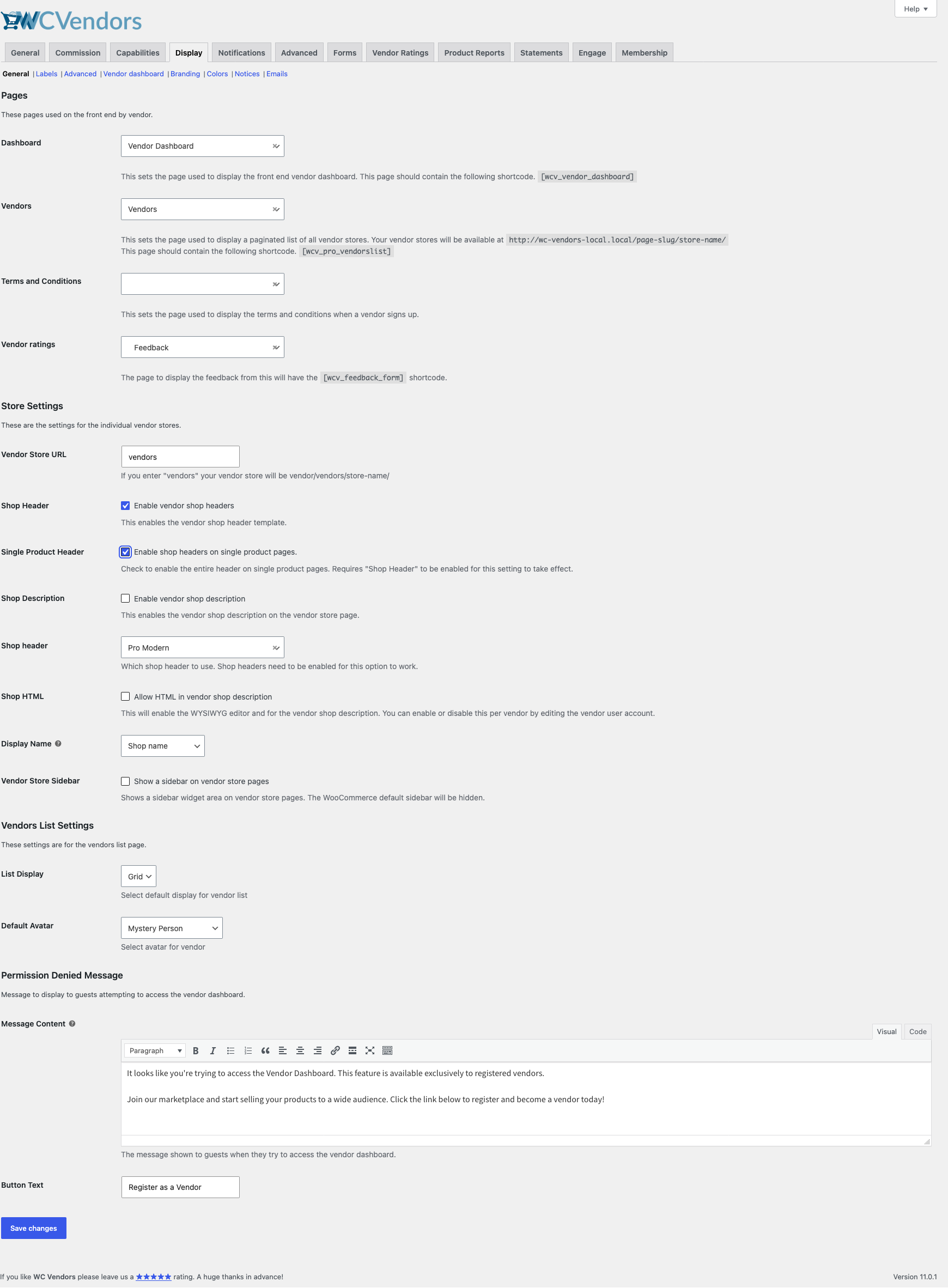 wc-vendors-pro-shop-header-settings-display - WC Vendors WC Vendors > Settings > Display, General section, with the Shop Header and Single Product Header checkboxes ticked and the Shop header dropdown set to Pro Modern