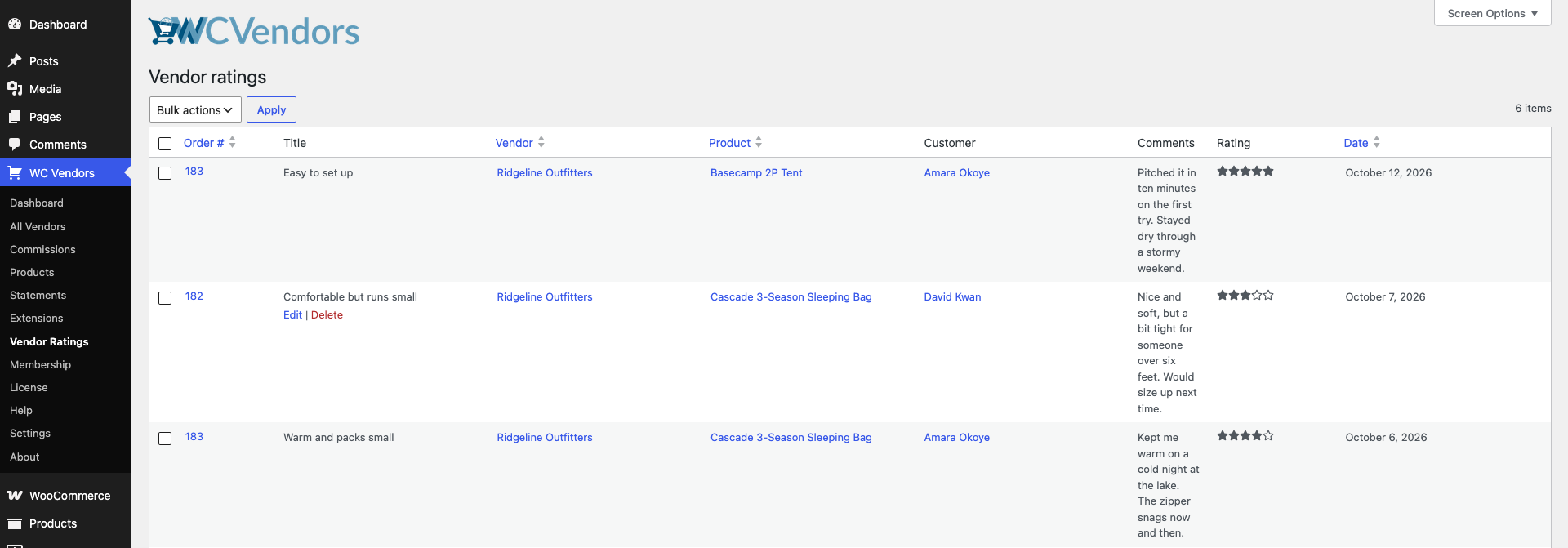 wc-vendors-ratings-admin-table-edit-delete-demo - WC Vendors WordPress admin Vendor Ratings screen showing the Edit and Delete row actions on a rating