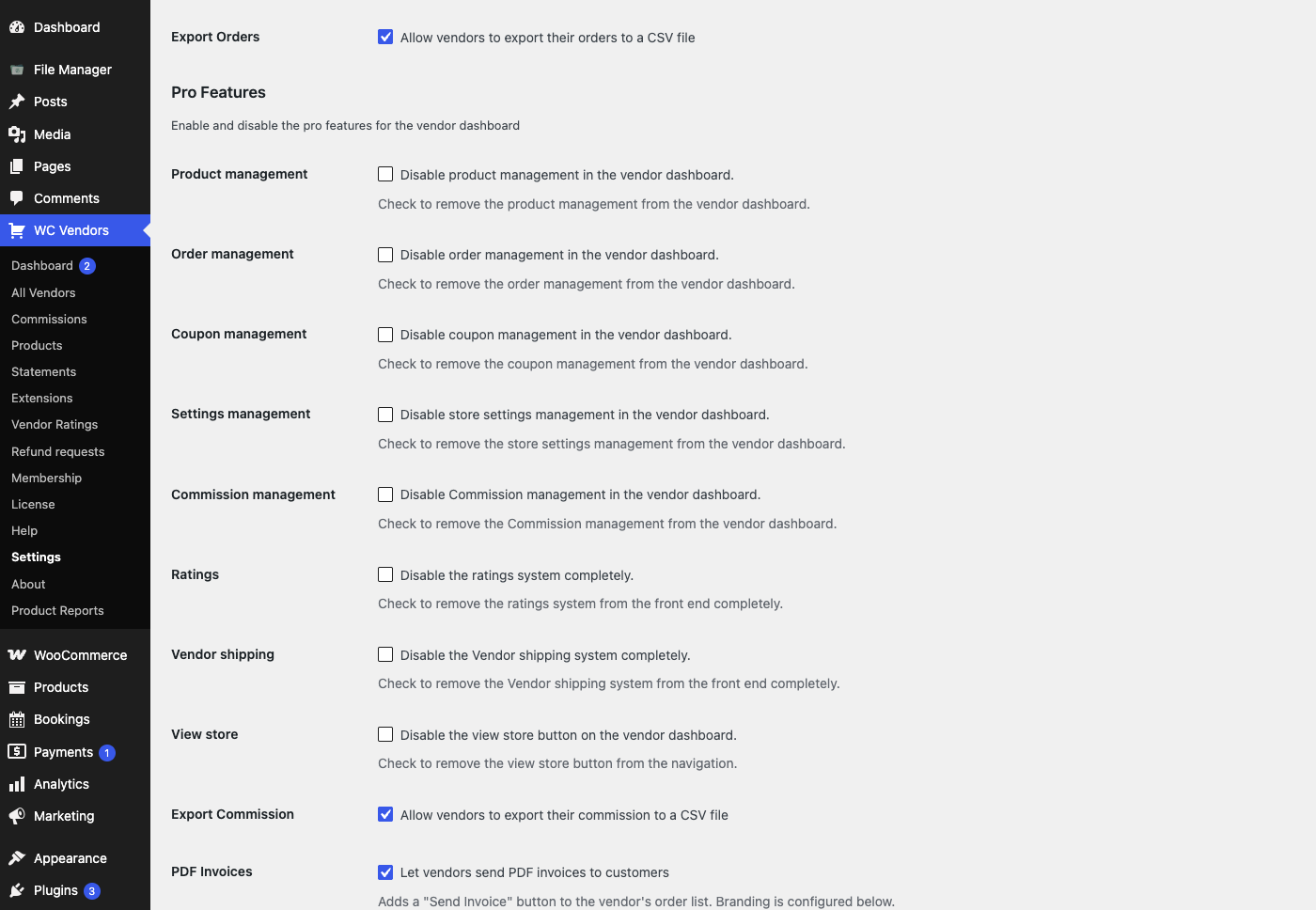 wc-vendors-ratings-capabilities-settings-cropped - WC Vendors WC Vendors Settings Capabilities tab showing the Ratings checkbox under Pro Features