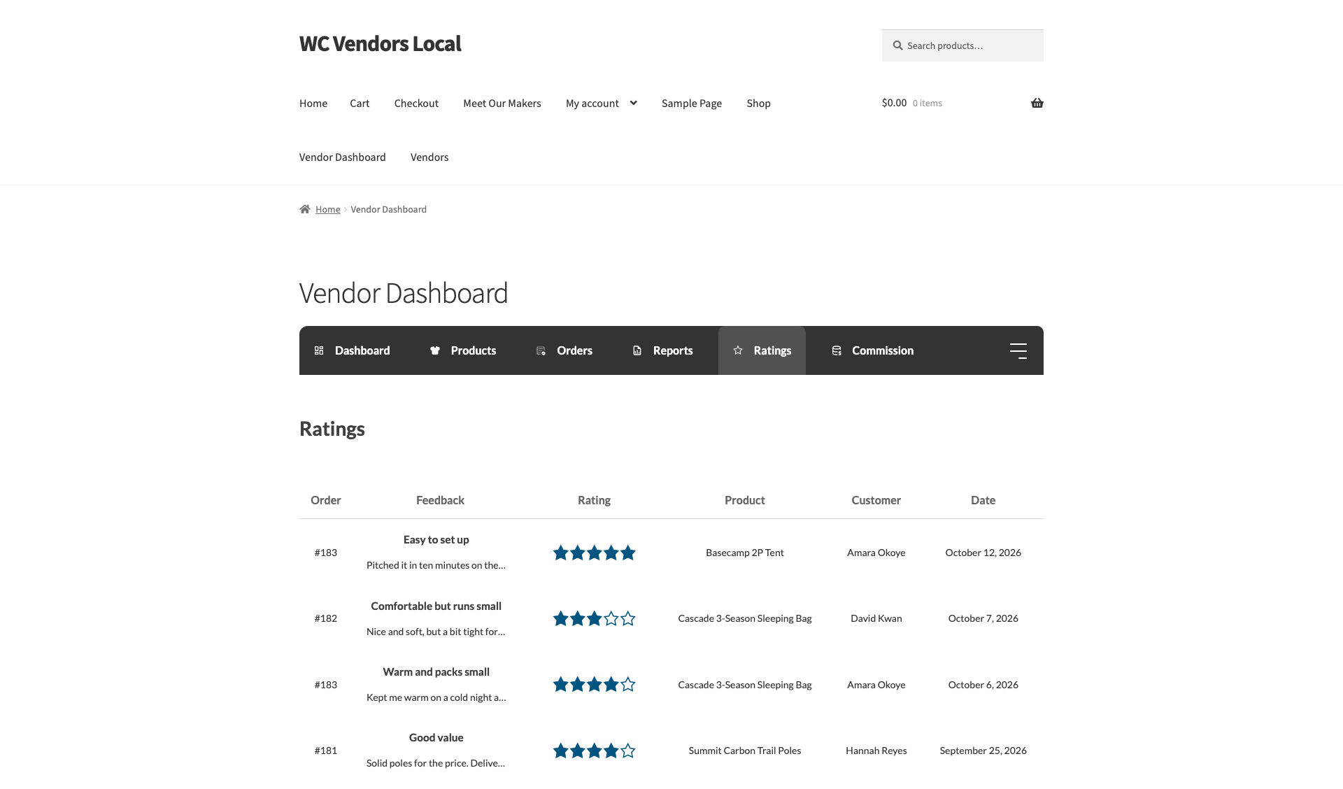 wc-vendors-ratings-tab-full-list-demo - WC Vendors WC Vendors dashboard Ratings tab showing the Order, Feedback, Rating, Product, Customer, and Date columns