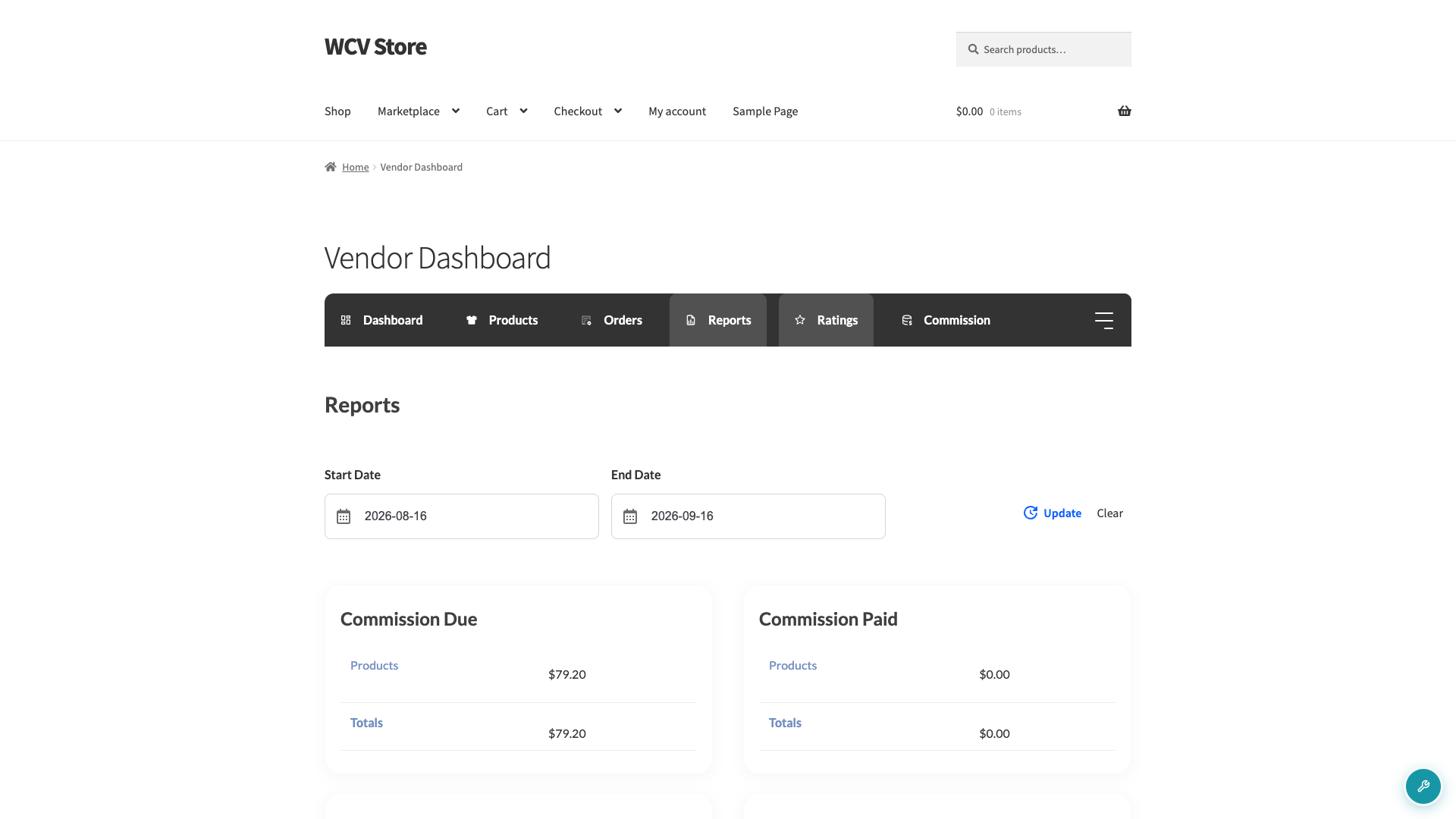 wc-vendors-reports-tab-nav-menu - WC Vendors The vendor dashboard navigation menu showing Dashboard, Products, Orders, Reports, Ratings, and Commission tabs, with the Reports tab active