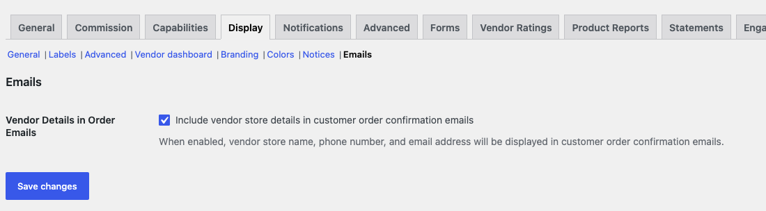 wc-vendors-settings-display-emails-vendor-details - WC Vendors WC Vendors Settings, Display tab, Emails section with Vendor Details in Order Emails ticked
