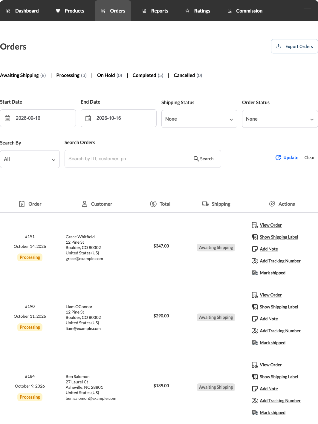 wc-vendors-vendor-dashboard-orders-tab - WC Vendors The Orders tab in the vendor dashboard with recent orders awaiting shipping and the View Order, Add Note, Add Tracking Number and Mark shipped actions