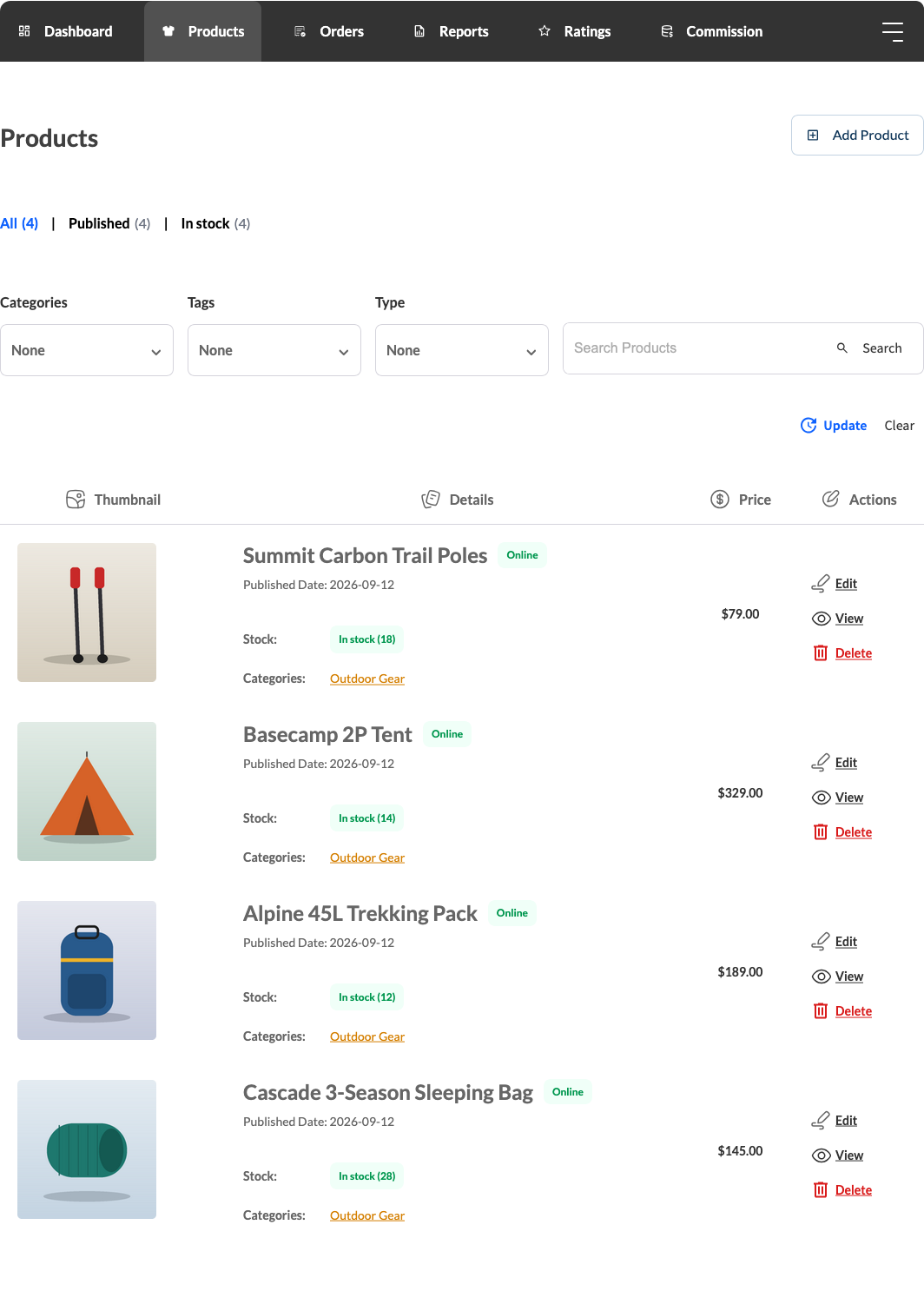 wc-vendors-vendor-dashboard-products-list - WC Vendors The Products tab in the vendor dashboard with four outdoor gear products, their stock, price and Edit, View and Delete actions