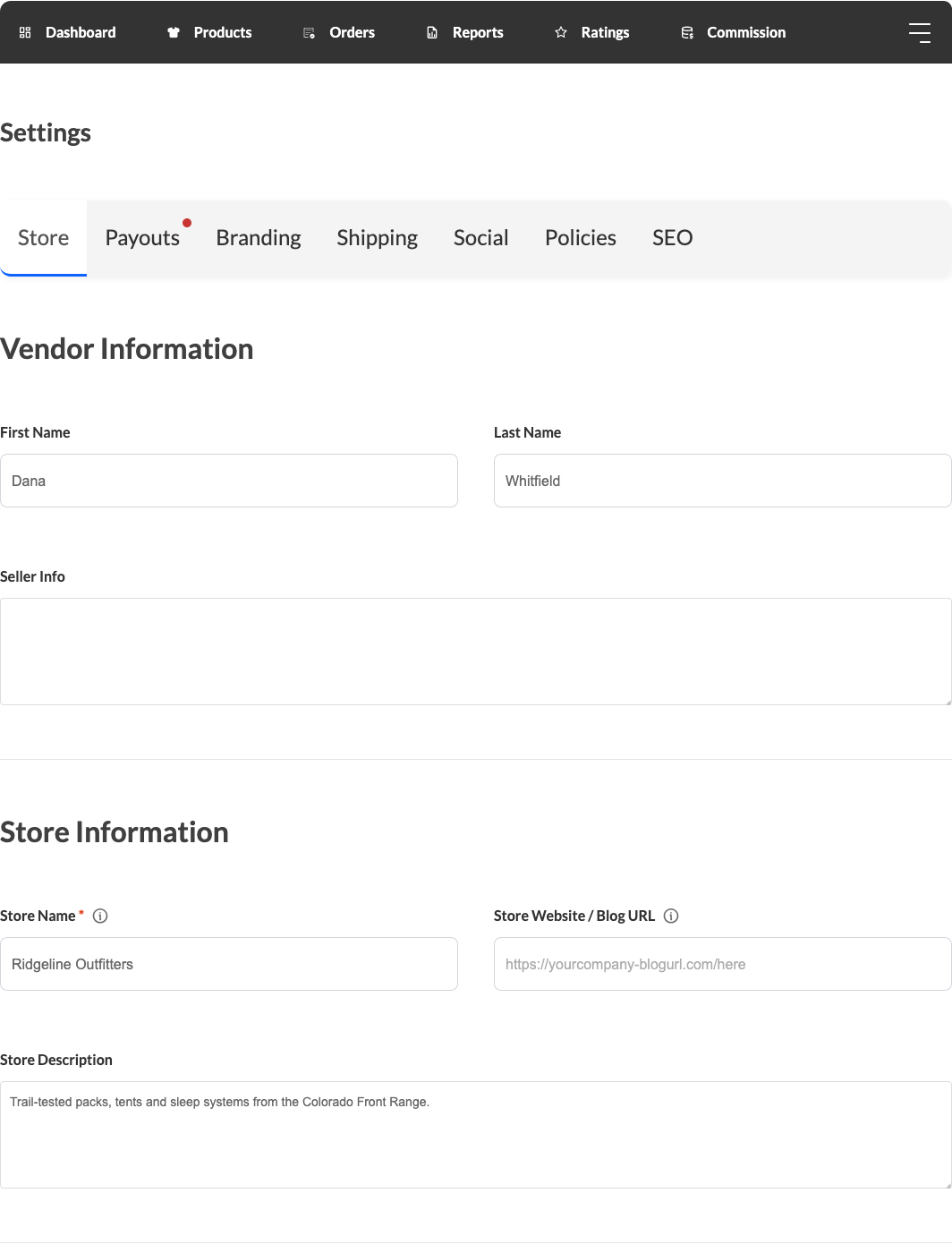 wc-vendors-vendor-dashboard-settings-store-tab - WC Vendors The Settings tab in the vendor dashboard on the Store tab, with the Store, Payouts, Branding, Shipping, Social, Policies and SEO tabs visible