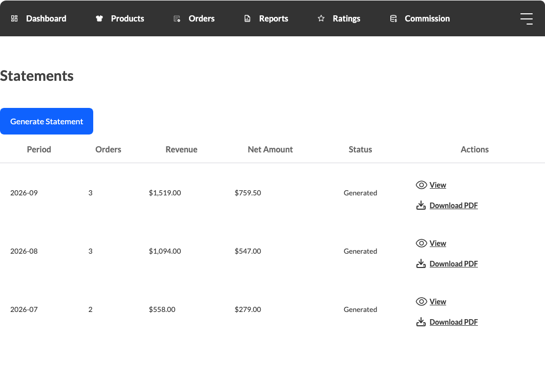 wc-vendors-vendor-dashboard-statements-tab - WC Vendors The Statements tab in the vendor dashboard listing monthly commission statements with View and Download actions