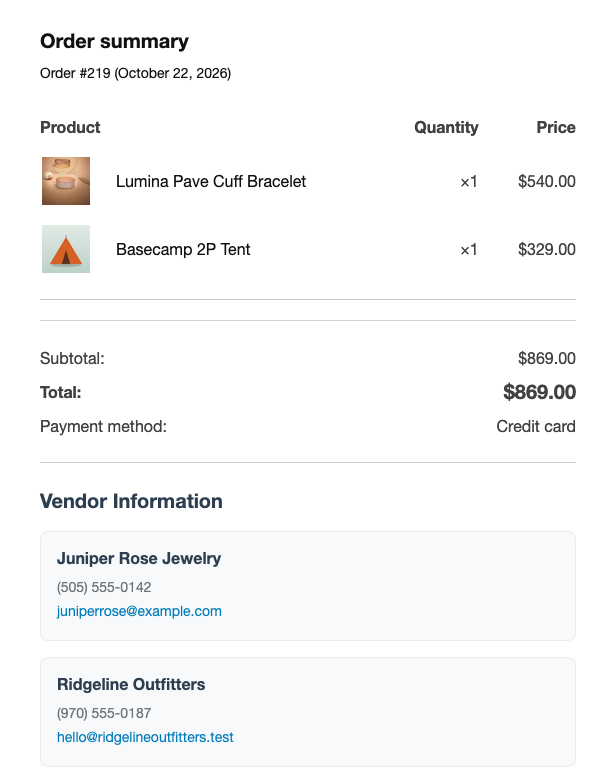 wc-vendors-vendor-details-customer-order-email - WC Vendors Customer order email with the Vendor Information section listing two vendors with store name, phone and email