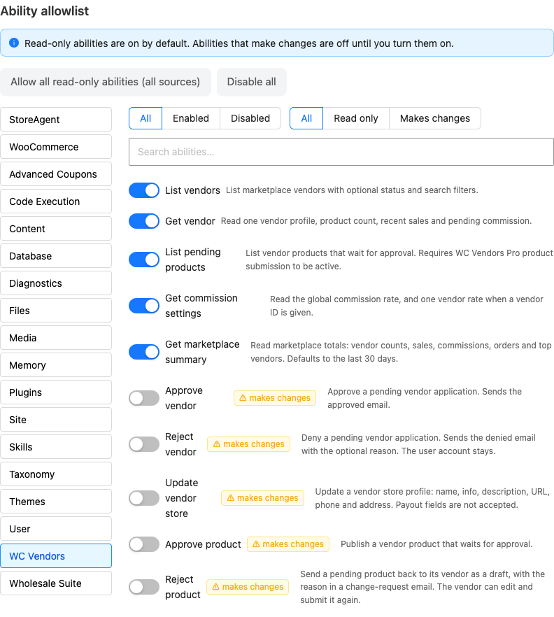 wcv-ai-abilities-allowlist-default - WC Vendors Liste d'autorisation des capacités StoreAgent avec WC Vendors sélectionné, les 5 capacités en lecture seule activées et les 5 capacités qui apportent des modifications désactivées