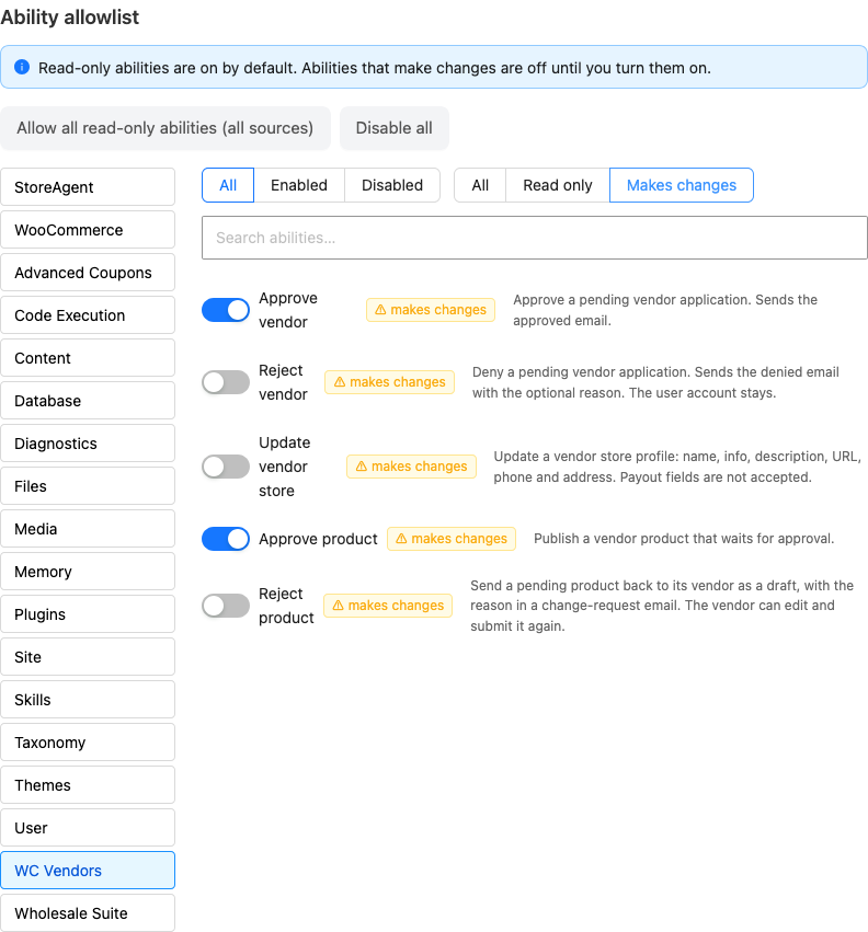 wcv-ai-abilities-allowlist-makes-changes - WC Vendors Liste d'autorisation des capacités StoreAgent filtrée sur Apporter des modifications, avec Approuver le vendeur et Approuver le produit activés