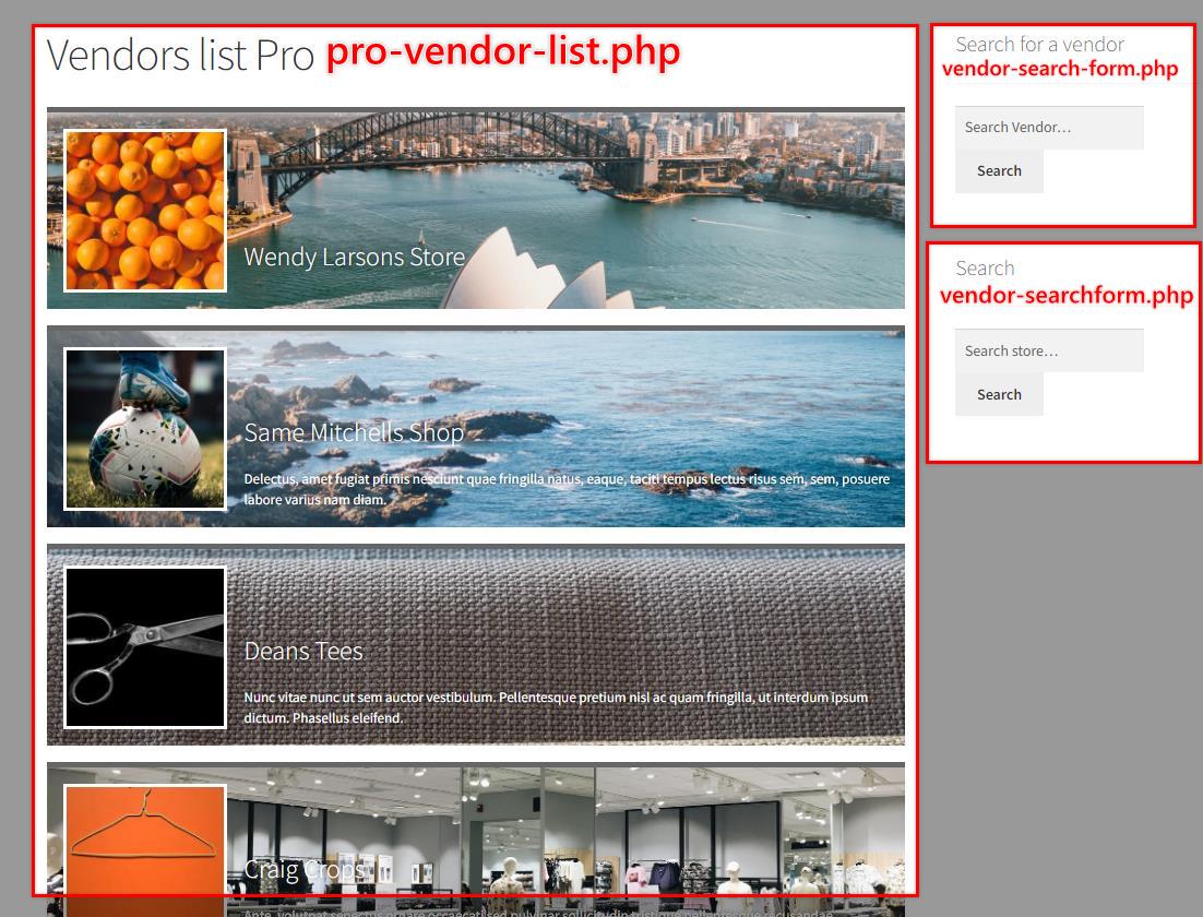 Vendor list with the pro-vendor-list.php, vendor-search-form.php and vendor-searchform.php templates labelled