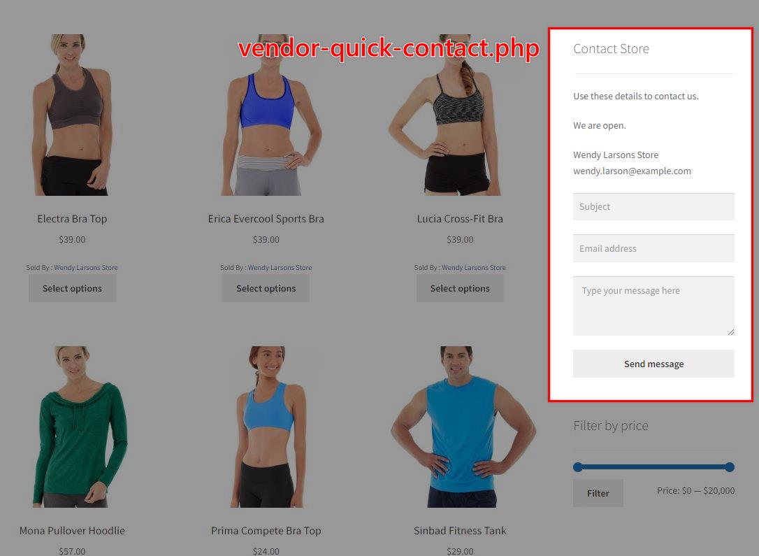 Contact Store widget on a store page, labelled vendor-quick-contact.php