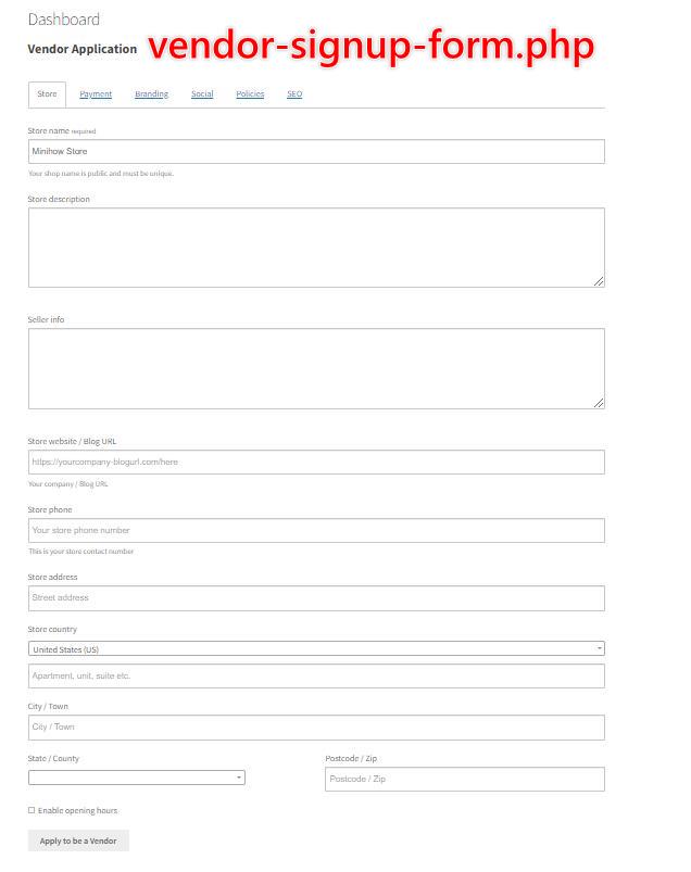 Vendor application form, labelled vendor-signup-form.php