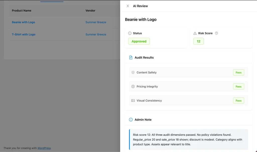 wcv-storeagent-AI-product-moderation-AI-product-review-1-1024x607 - WC Vendors AI Review panel shows 'Beanie with Logo' by Summer Breeze, status Approved, risk score 12, audit results all Pass.