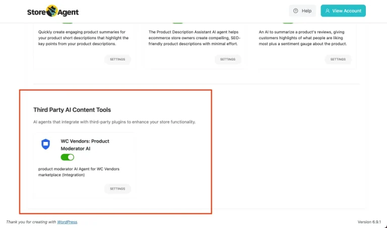 Panel titled 'Third Party AI Content Tools' with description of AI agents for store integration and a toggle switch labeled 'Moderator AI' for WC Vendors: Product.
