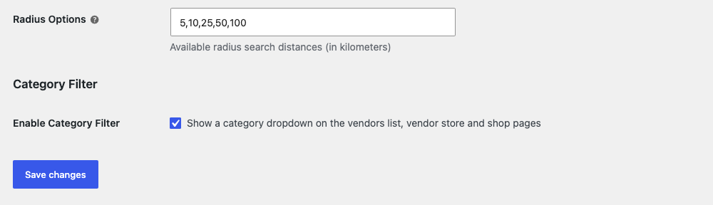 wcvp-vendor-category-filter-setting - WC Vendors Category Filter section in WC Vendors Forms settings with Enable Category Filter checked
