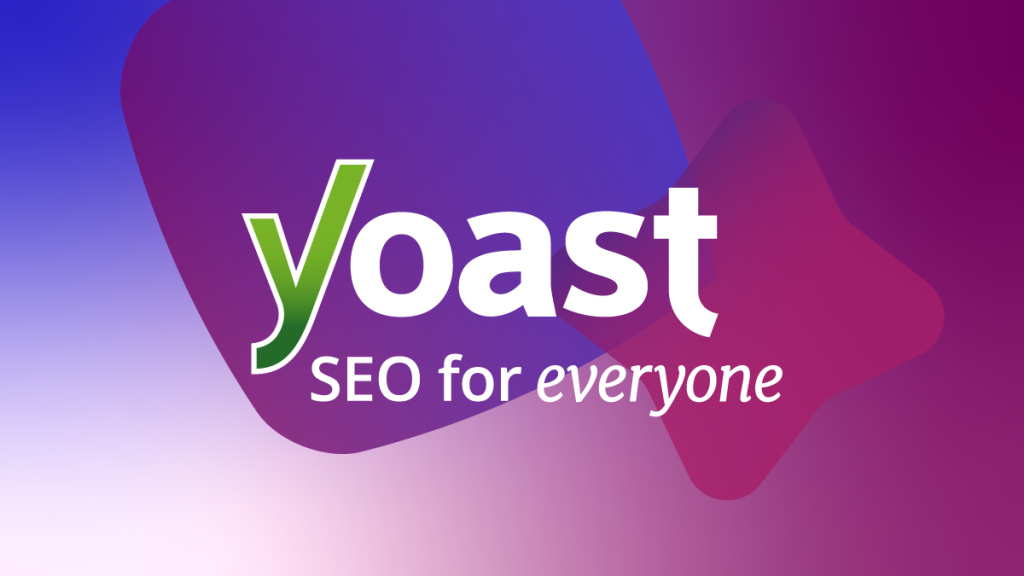 Yoast logo on a purple gradient background with the slogan 'SEO for everyone'.